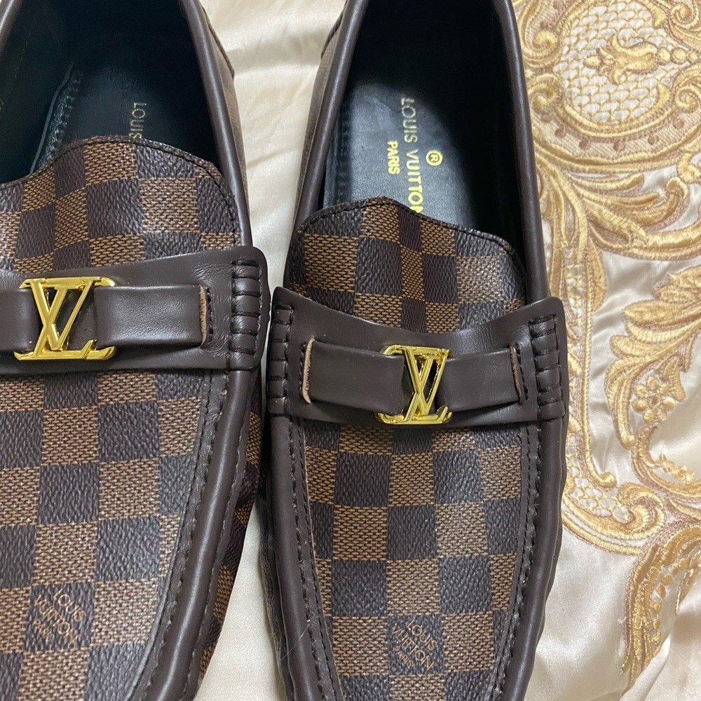 Louis Vuitton Brown Checkered Loafers with Gold Emblem